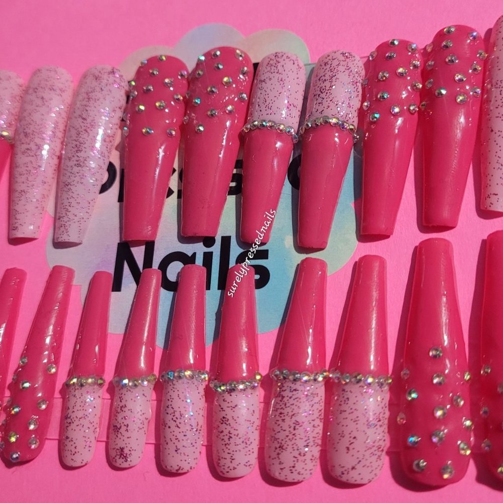 Two-Tone Pinks Shimmer Rhinestone Ballerina Press on Nails